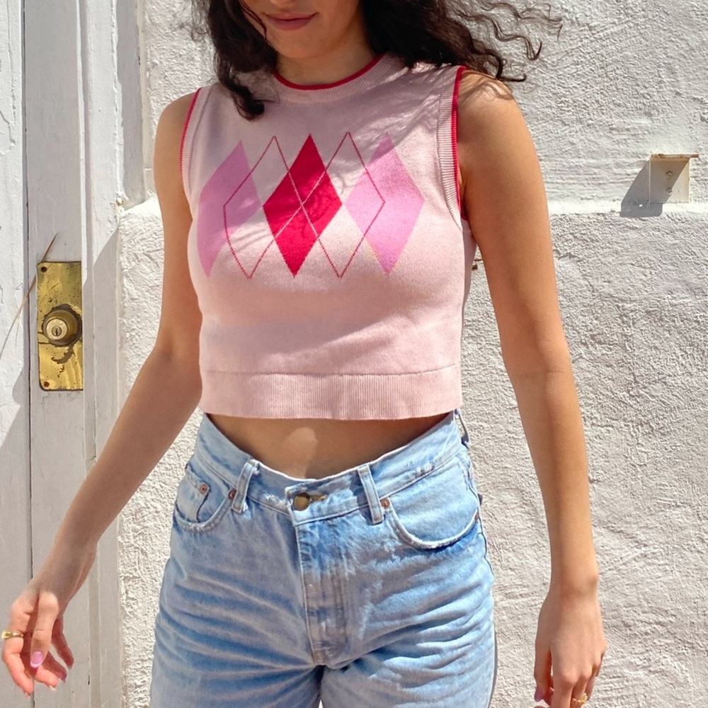 Zara Pink Argyle Knit Vest